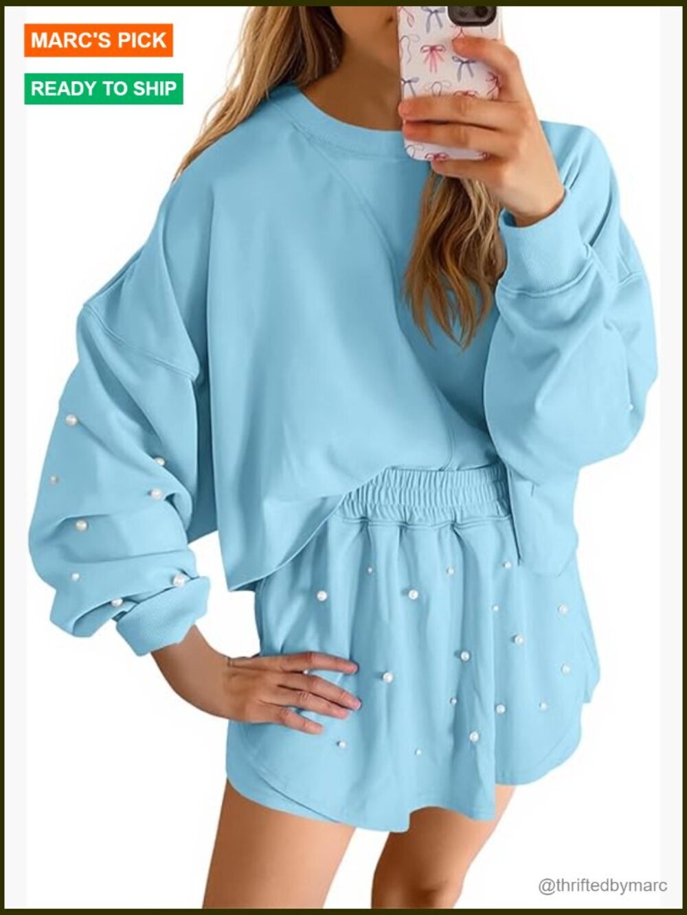 Large Polyester Lounge Set with Pearl Detail, Long Sleeve Sweatshirt and Skort